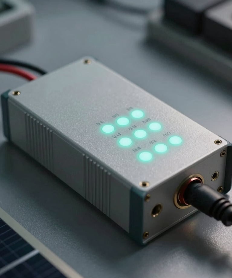 A focused shot of a solar charge controller in a modern installation, with clean wiring and indicators glowing in a soft aqua color.