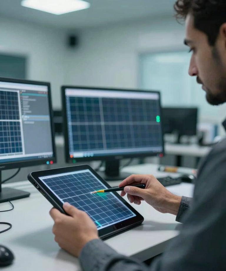 A close-up shot of an electrical engineer using a tablet to monitor solar energy flow in a modern control room. The lighting is cool with medium teal tones. Professional office environment in Yemen.