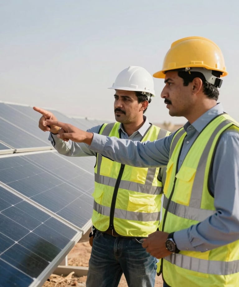 Team of two engineers in discussion outdoors at a solar project site. One is pointing towards an array of panels. Middle Eastern / Yemeni setting.
