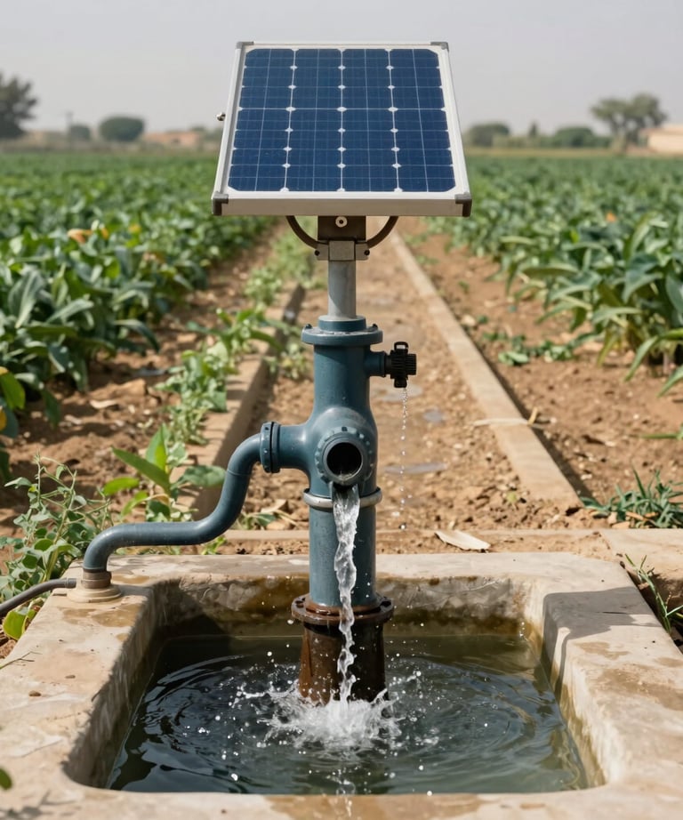 A scenic view of a solar-powered water pump system in a lush Yemeni agricultural farm, showing water flowing into irrigation channels. Middle Eastern / Yemeni setting.