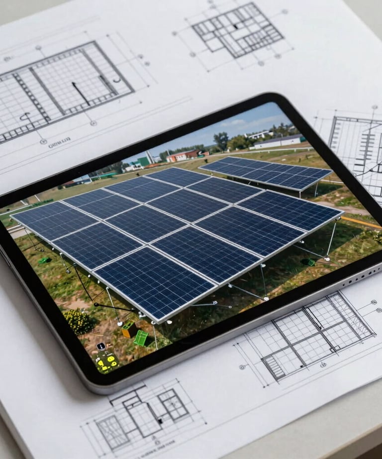 Clean, flat-lay photography of solar design blueprints and a digital tablet showing a 3D model of a solar installation. Engineering office aesthetic.