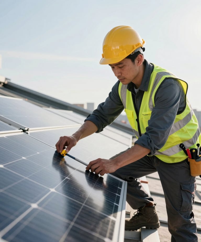 A photo of an engineer on a roof adjusting a solar panel angle under a bright sun. Professional tools and safety gear visible.