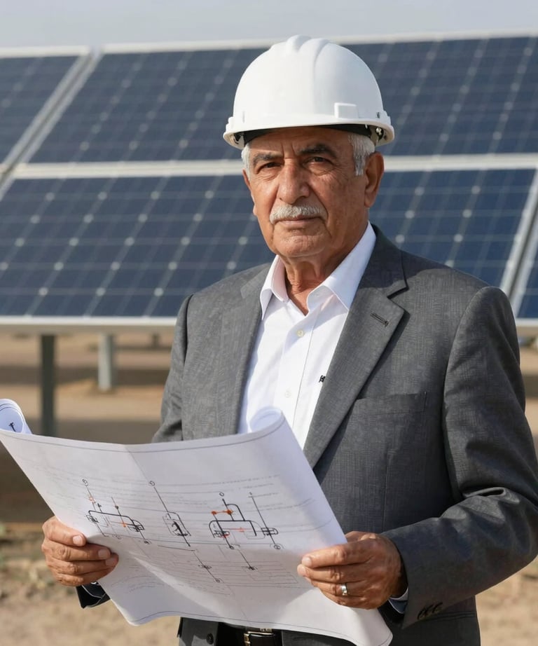 Portrait of a senior electrical engineer holding a set of blueprints, standing in front of a solar farm. Professional attire, Middle Eastern / Yemeni setting.