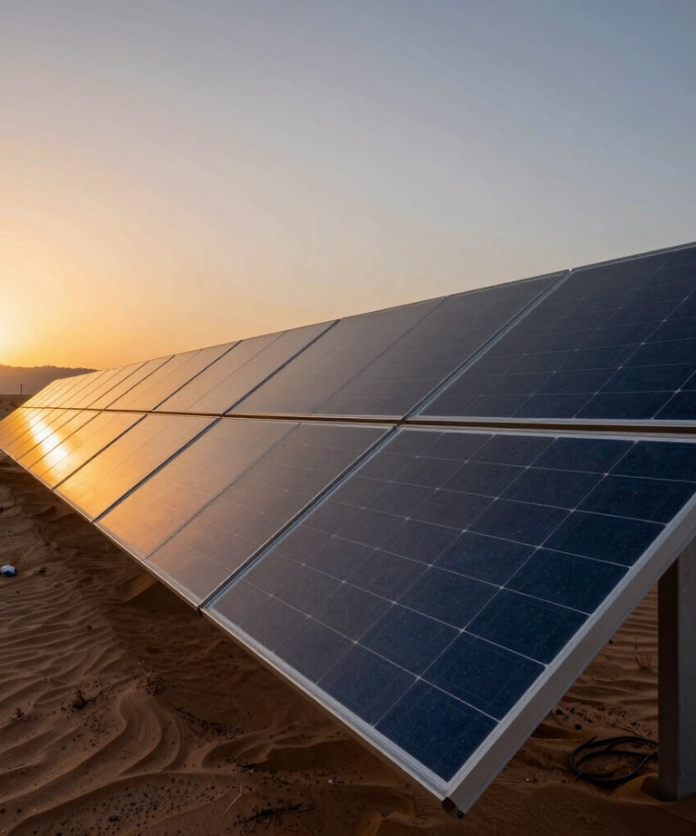 A creative shot of a row of solar panels reflecting a beautiful sunrise over a desert landscape. High contrast, professional style.