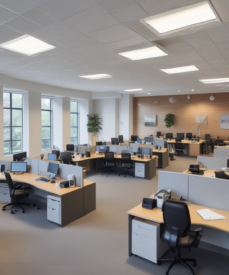 Team of cleaning professionals using equipment in bright office space