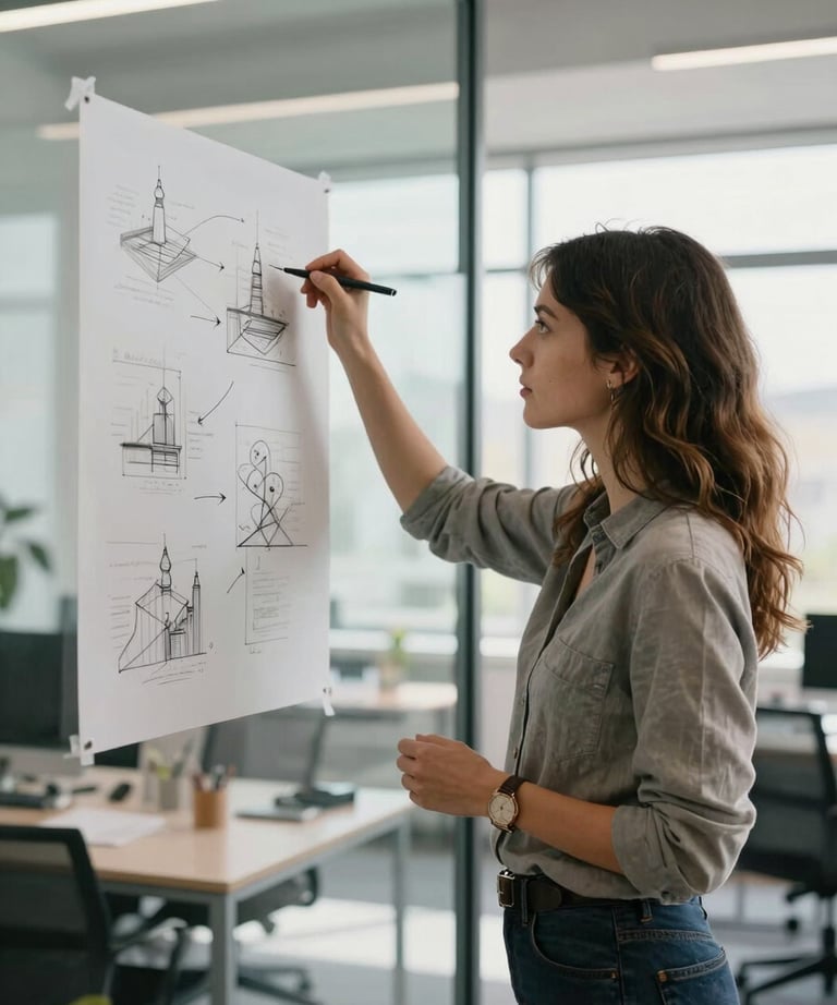A female designer working in a bright office, sketching ideas on a glass wall. Professional, inspiring, International / European atmosphere.