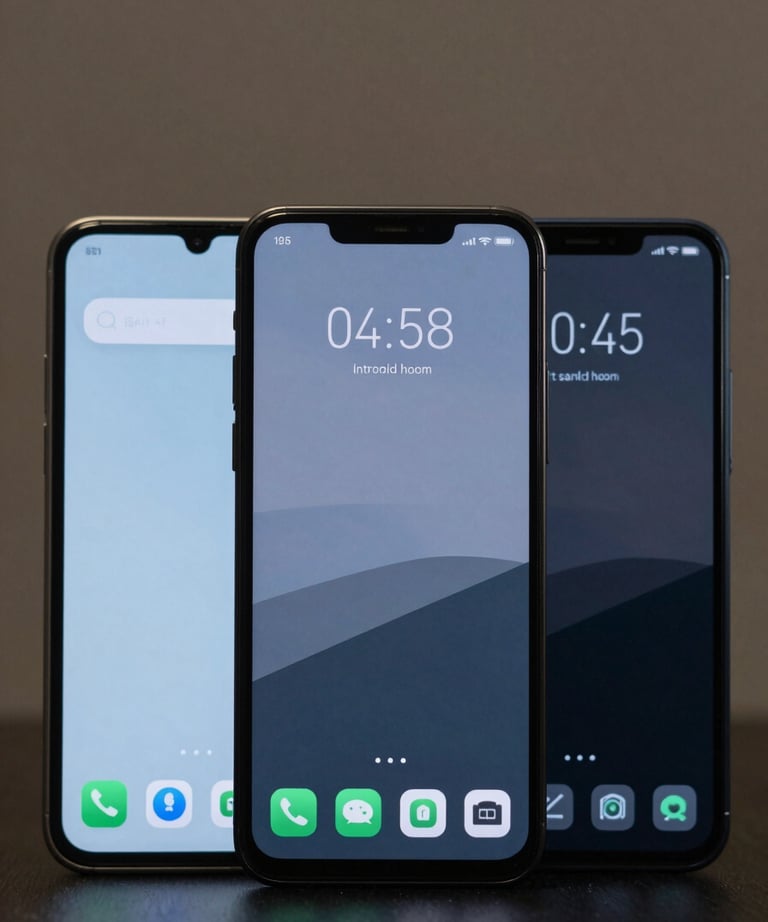 Clean product photography of three Android phones standing vertically, each showing a different minimalist app screen with blue and dark grey themes. Soft lighting, International / European tech aesthetic.