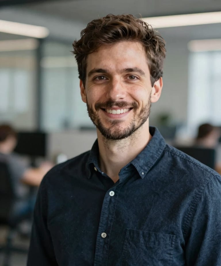 Professional portrait of a male lead developer with a friendly smile, set against a blurred modern office background. International / European setting, soft light.