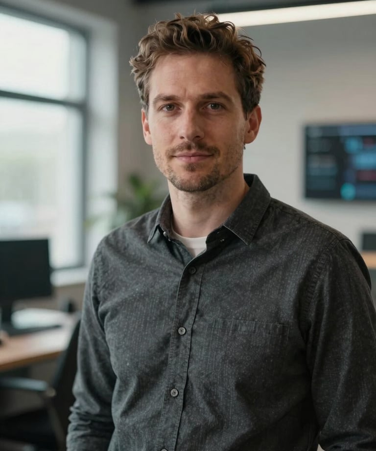 A portrait of a male lead developer in a modern studio setting, wearing professional attire. International / European setting, soft natural light, tech-focused environment.