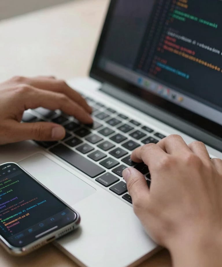 Close-up of hands typing on a modern laptop keyboard with a smartphone on the side showing code results. Professional, International / European workplace.