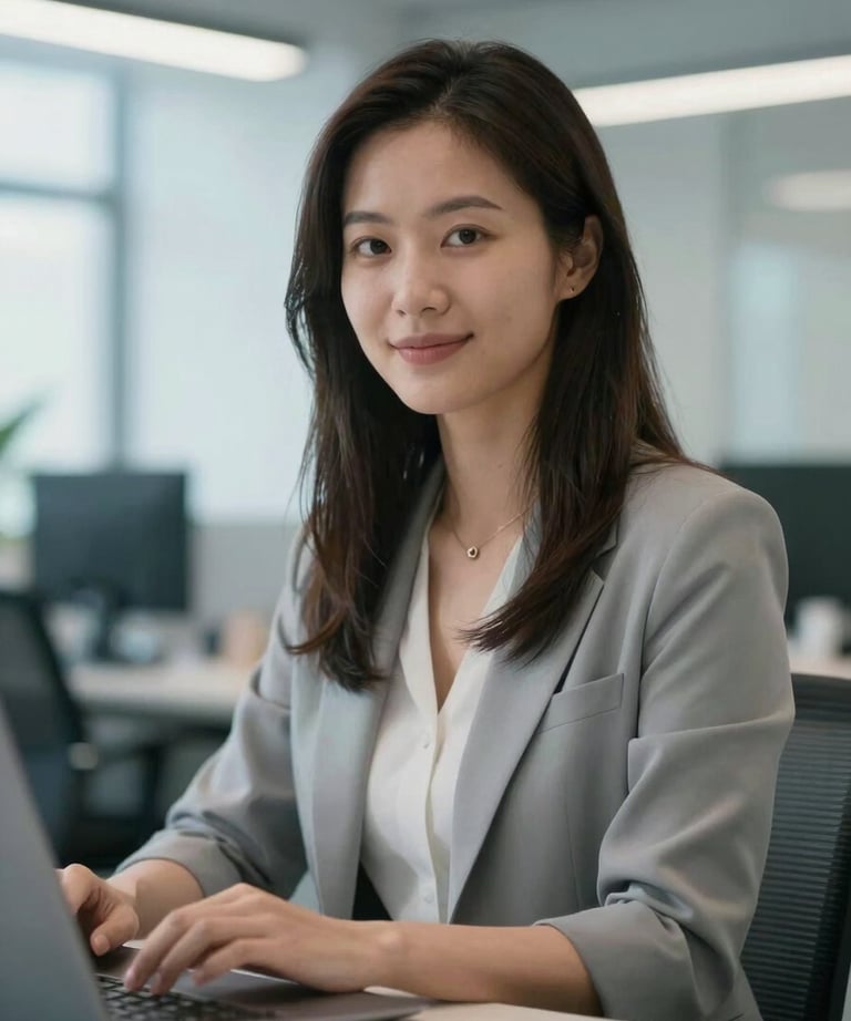 Professional portrait of a female QA engineer in a bright, modern office with soft blue lighting. International / European setting, focused and professional.