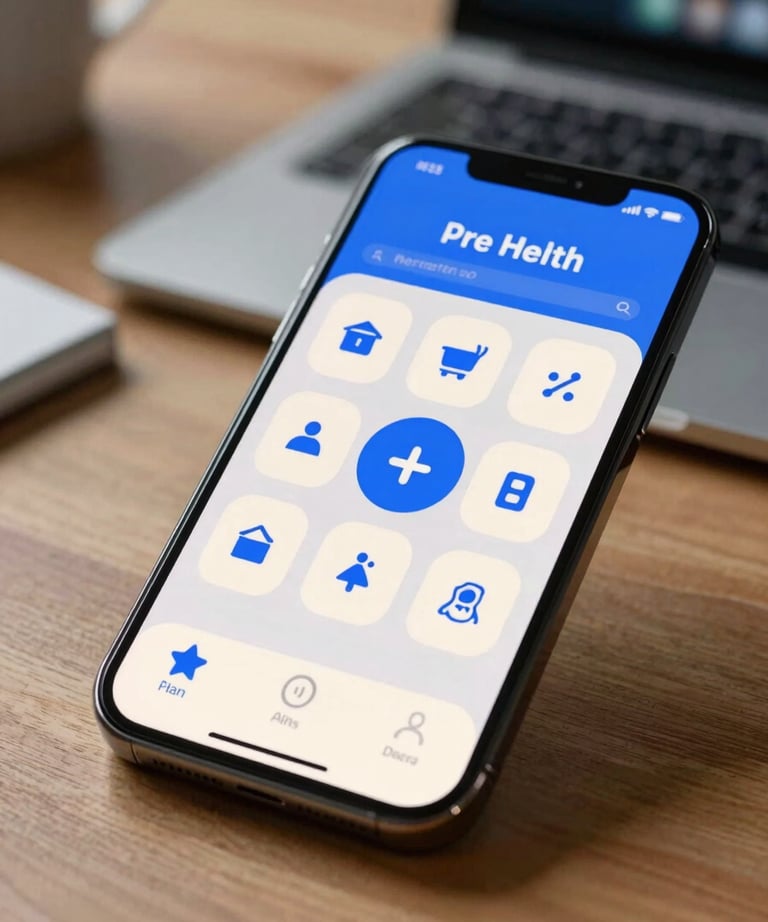A close-up photograph of a smartphone showing a playful health-tracking app with bright blue and off-white icons. Set on a wooden table in an International / European office.