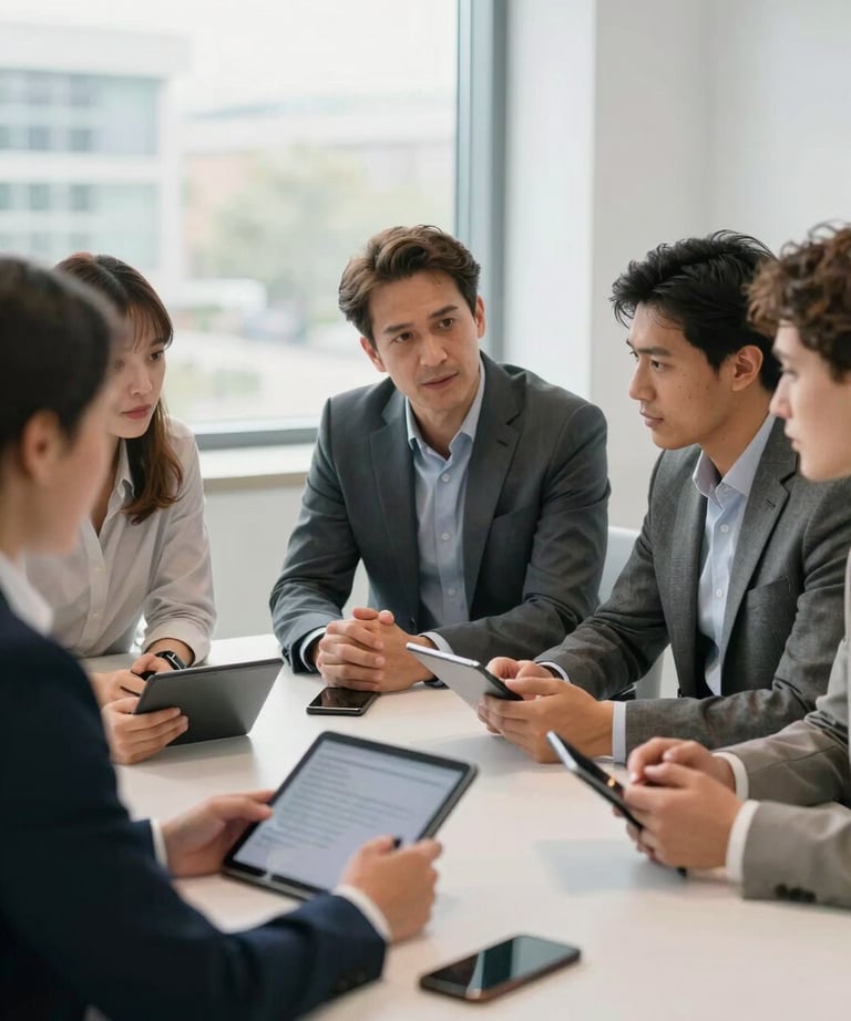 A group of professionals in a modern office having a productive discussion around a table with tablets and phones. Bright, natural lighting, International / European setting.