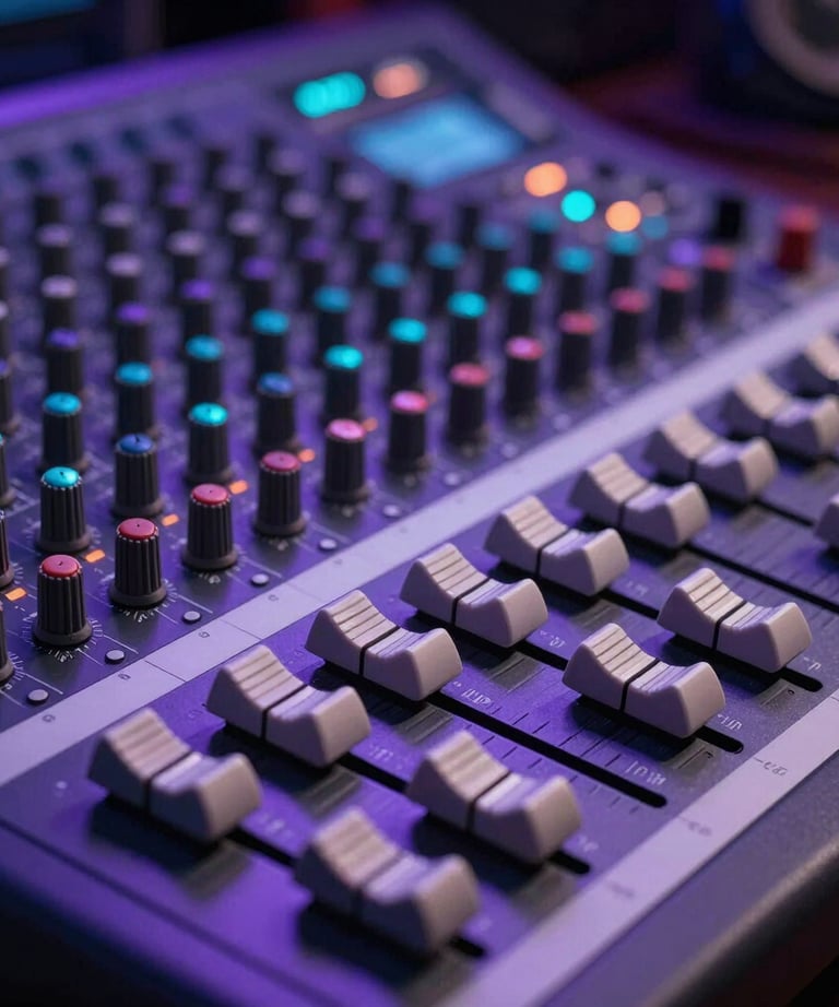 A close-up of a high-end audio mixing board in a North American / US recording studio. The sliders and knobs are highlighted by deep violet and cyan neon light.