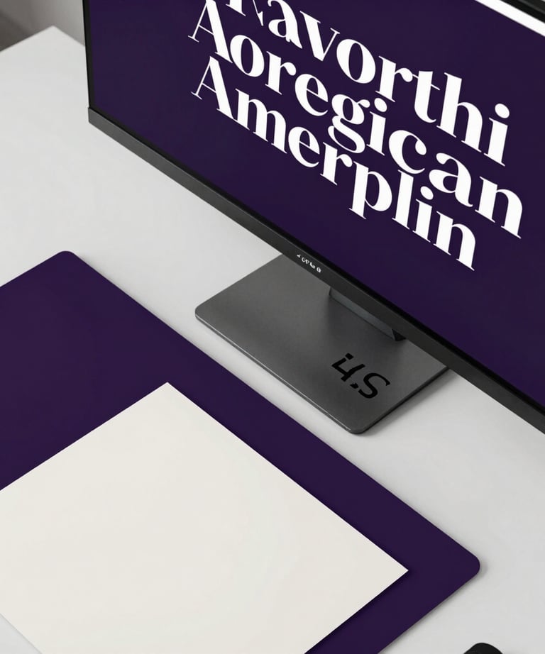 A top-down view of a minimalist graphic design workstation. High-end variable font typography is visible on a 4K monitor, with deep violet and off-white color swatches on the desk. North American / US office aesthetic.