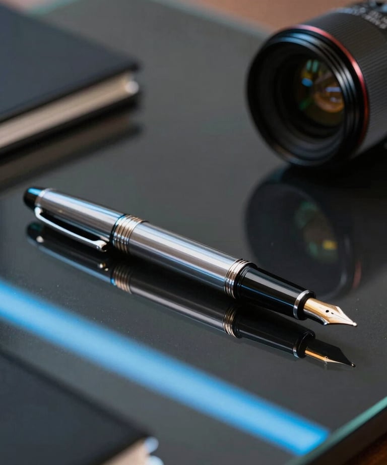A close-up of a high-end fountain pen sitting on a black glass table, reflecting a glowing neon blue line. North American / US executive office setting.