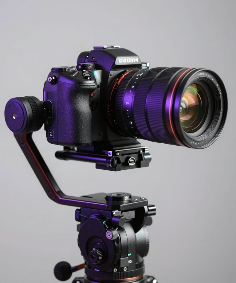 A professional digital camera mounted on a gimbal in a North American / US studio. Iridescent lighting from the side highlights its metallic texture with deep violet and cyan.