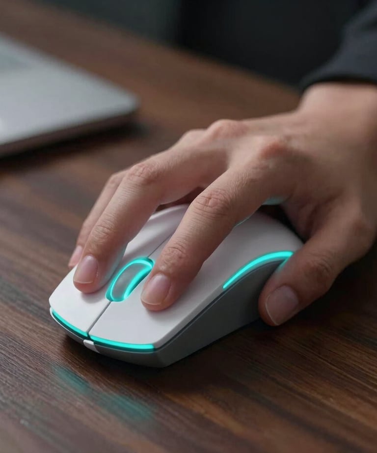 A close-up of a designer's hand using a high-precision mouse in a North American / US studio. The mouse glow is neon cyan against a dark wood desk surface.