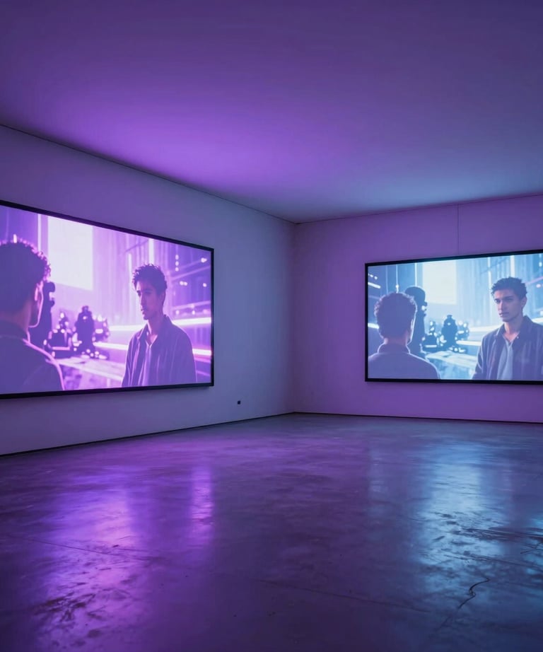 A wide angle shot of a minimalist gallery space with large digital screens displaying high-contrast cinematic video. The floor reflects neon violet lighting. North American / US location.