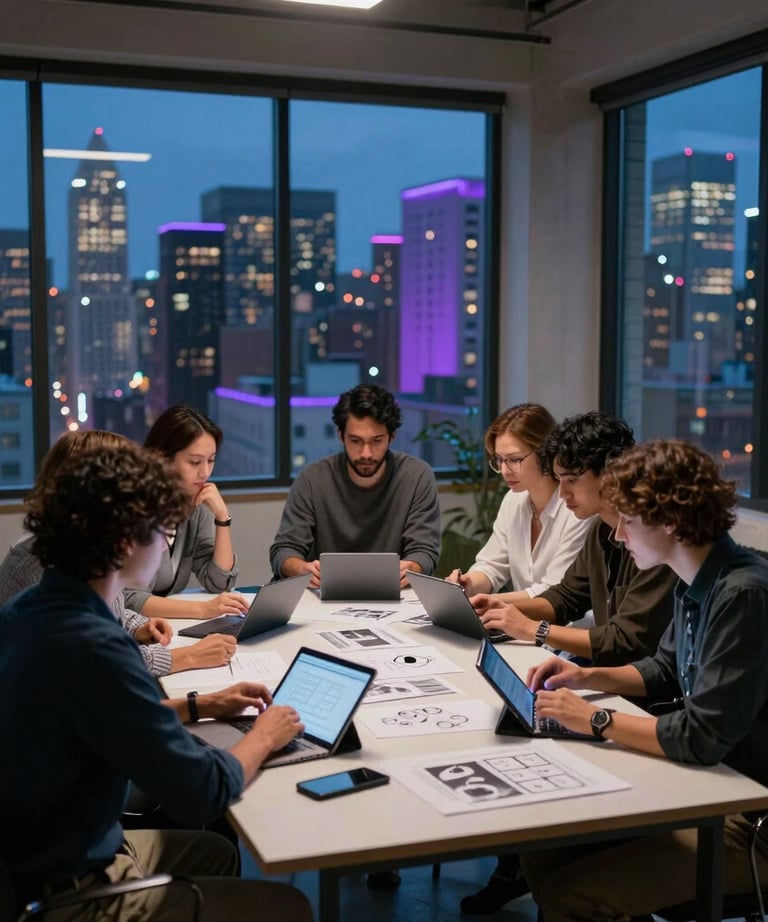 A creative meeting in a North American / US city loft. Large windows reveal a city at night with blue and purple light. The team is gathered around a table with tablets and designs.