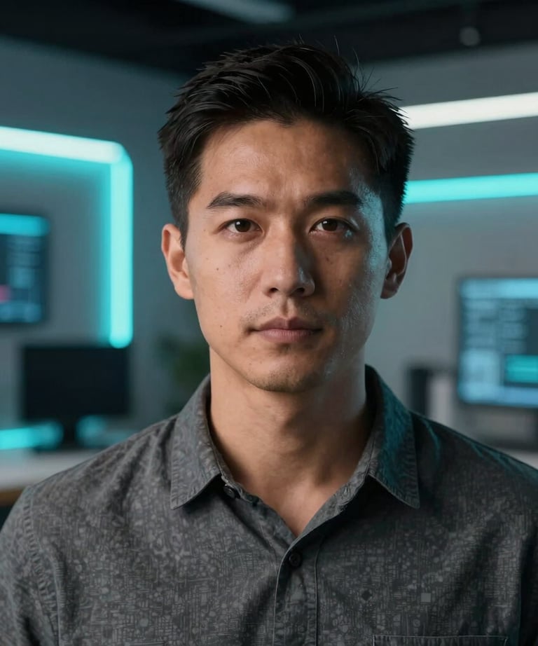 A portrait of a creative professional in a North American / US studio, looking focused. The background is a blurred high-tech workspace with glowing neon cyan accents.