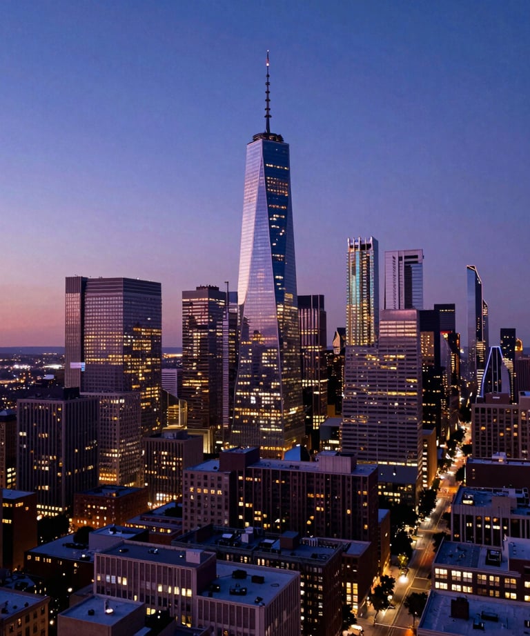 A high-end cinematic drone shot of a modern city skyline at dusk, with lights reflecting in electric blue and deep violet. North American / US metropolitan area.