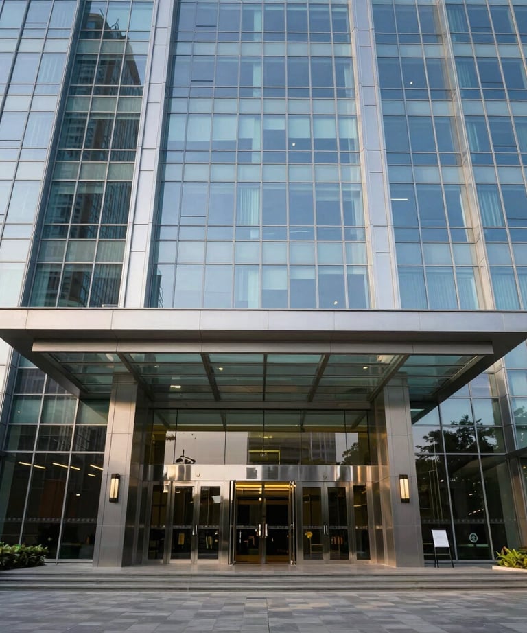 A high-end architectural shot of a modern glass office building entrance in New Delhi. The morning light is crisp and clear, reflecting a new beginning and professional trust.