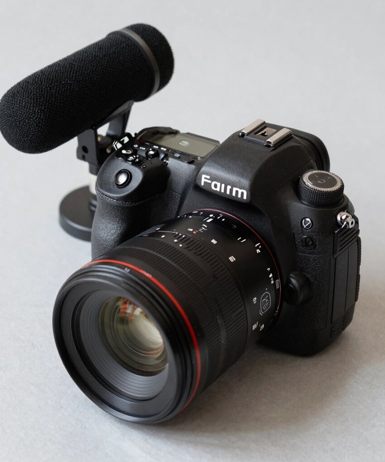 A professional photograph of an expensive DSLR camera and a studio microphone on a clean, light gray surface. The composition is minimalist and high-end.