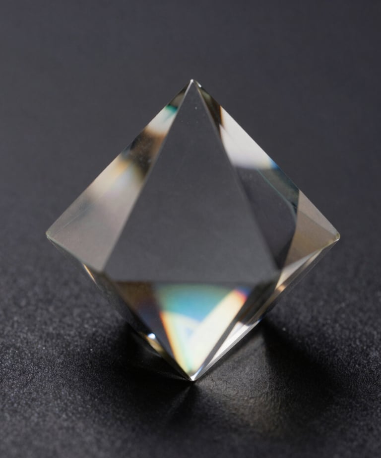 A macro photograph of an expensive glass prism on a dark surface, reflecting light in a clean and beautiful spectrum. Symbolizes clarity and precision.