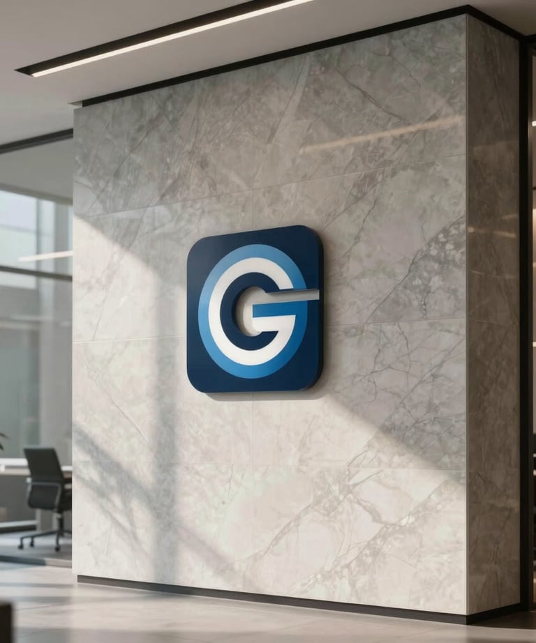 A photograph of a modern tech office lobby with a sleek logo on a marble wall. The environment is professional and implies corporate success.