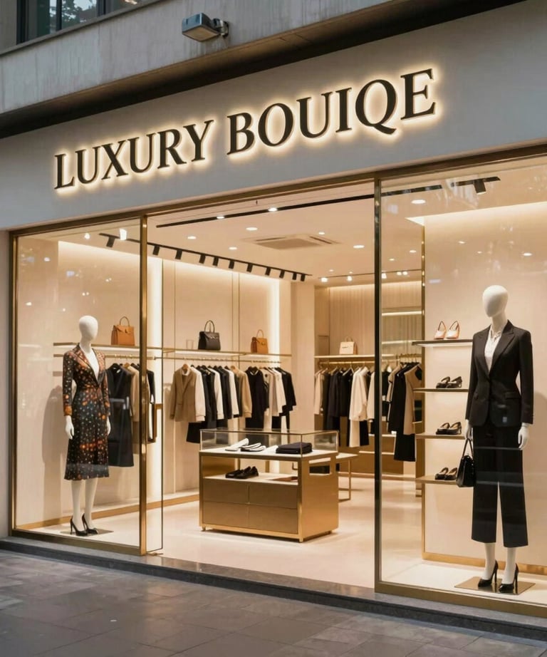 A sharp photograph of a luxury boutique store interior in Delhi, highlighting high-end fashion. Represents a successful local retail marketing campaign.