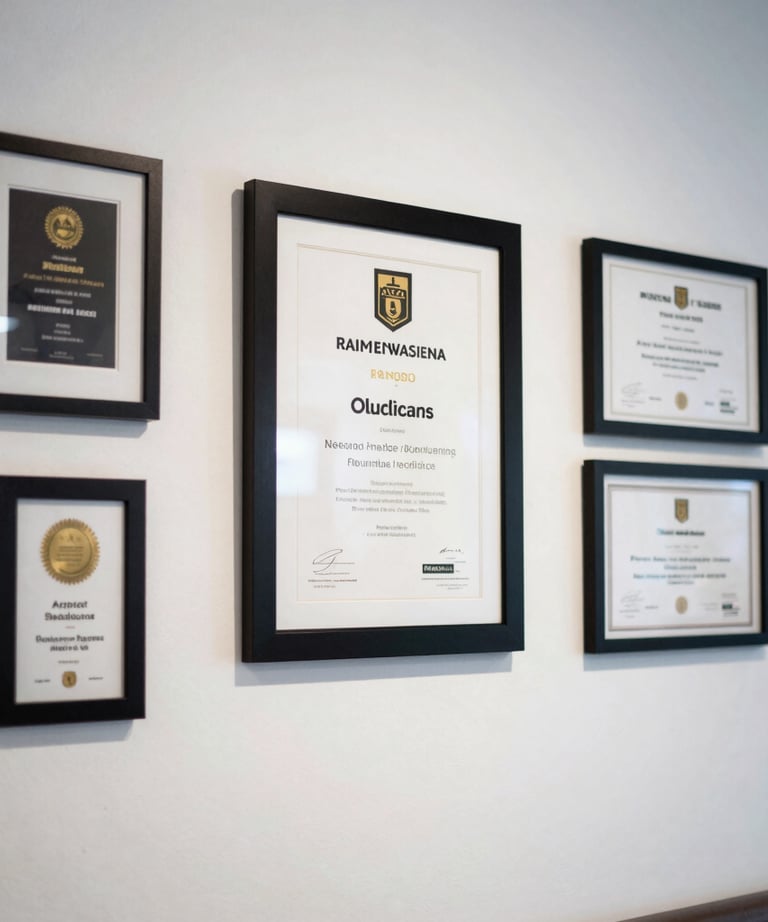 A clean shot of a white wall with several framed marketing awards and certificates. The lighting is soft and professional, highlighting achievement.