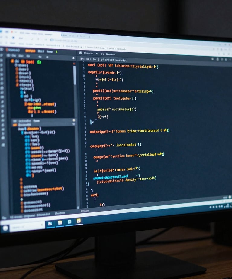 A close-up of a high-resolution 5K computer monitor in a dark room displaying complex lines of code and website architecture. The primary colors on screen are sky blue and orange.
