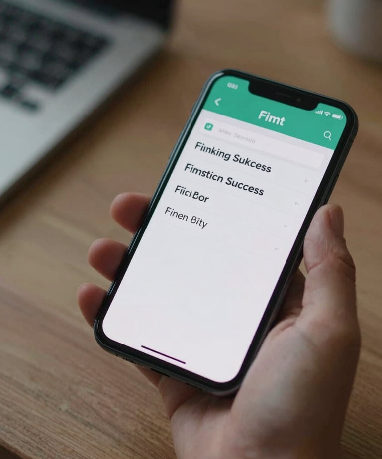 A high-end close-up of a professional's hand holding a high-end smartphone with a banking app open, symbolizing fintech marketing success.