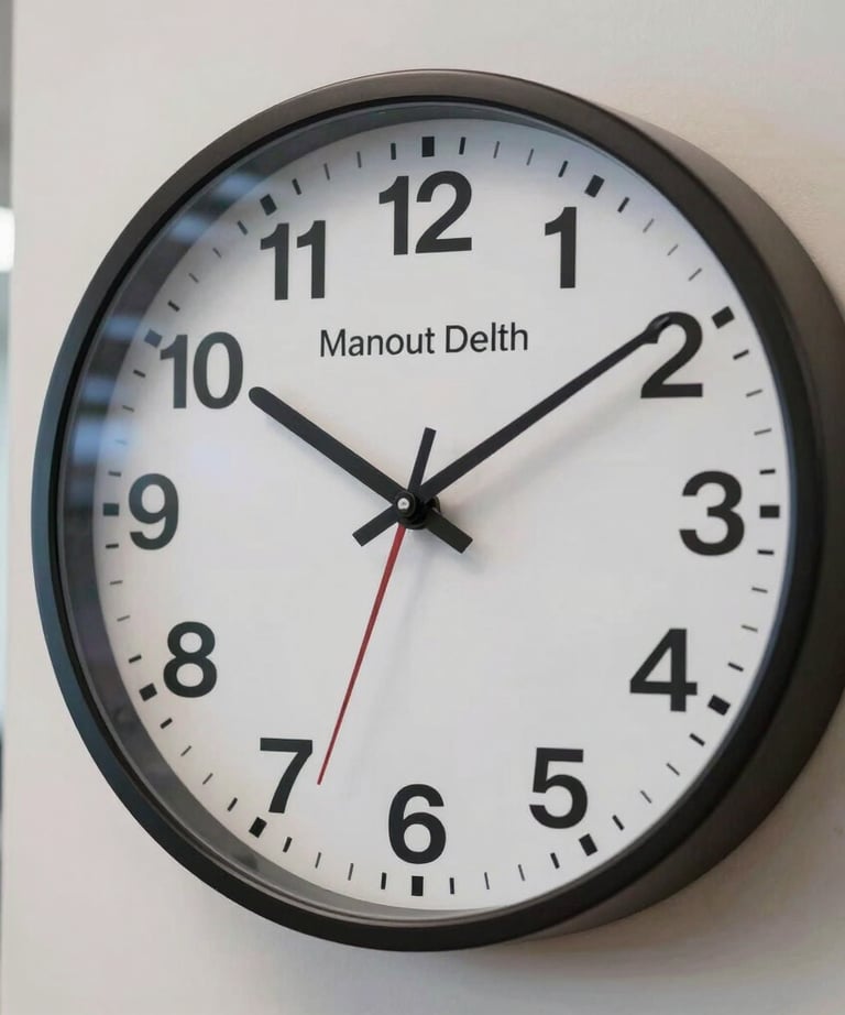 A close-up photograph of a stylish wall clock in a professional Delhi office, indicating the importance of timing and punctuality in marketing campaigns.