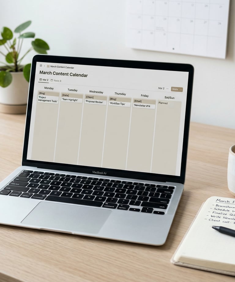 Organized workspace with a laptop displaying a content calendar and notebook for planning a simple b
