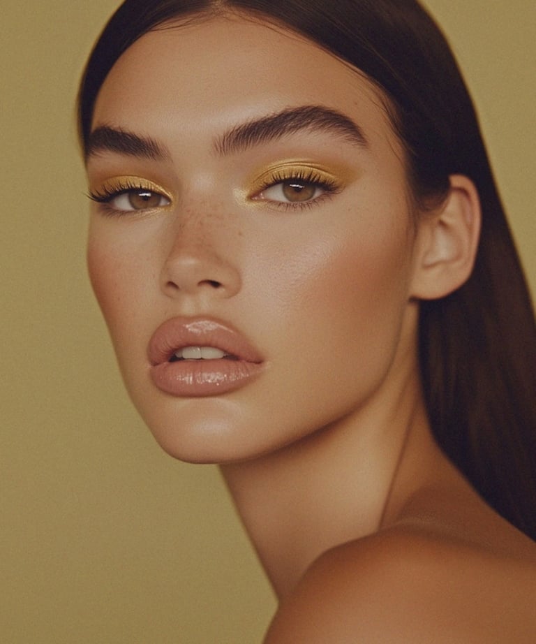 Portrait of a woman with glowing skin, yellow eyeshadow makeup, and glossy lips for a beauty look.