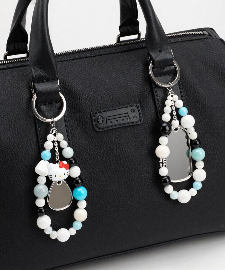 Pair of handcrafted beaded earrings hanging from a natural wooden holder with soft shadows