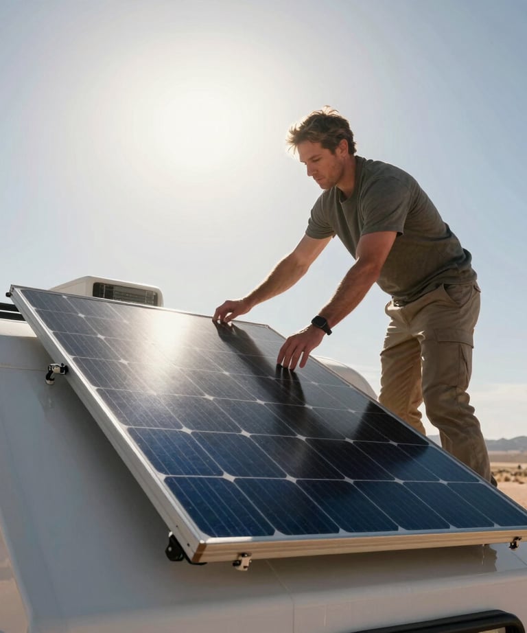 A low-angle shot of a man adjusting a solar panel on top of his overland trailer in the desert. The sun is high and bright, highlighting the rugged textures.