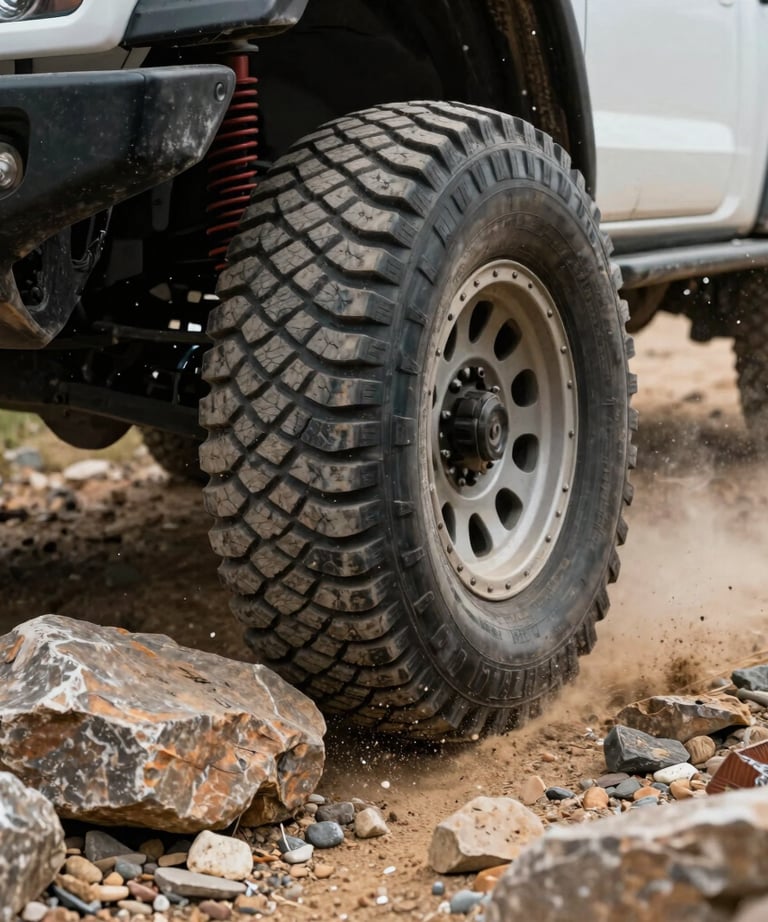 Close up of a vehicle's tire climbing over a sharp rock on a technical trail. Dust and pebbles are kicked up, capturing the action and the rig's capability.
