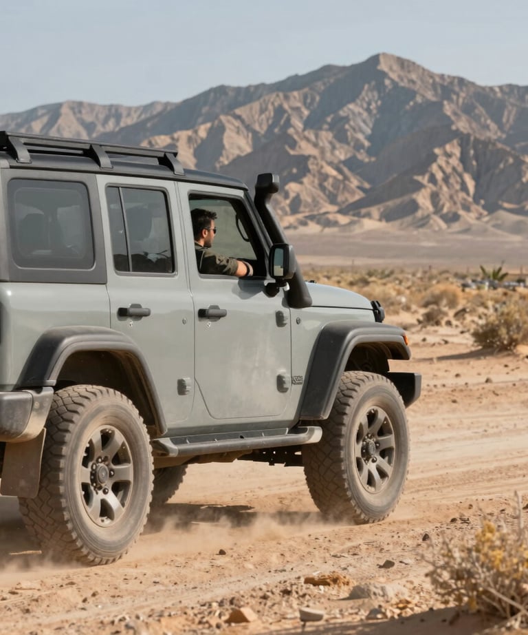 A side profile of a rugged off-road vehicle driving through a dusty desert landscape in North America, with a man looking out the window toward the mountains.