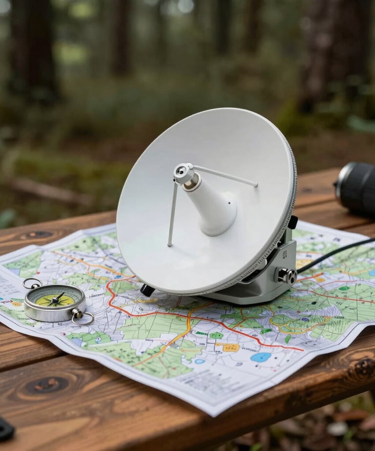 A satellite communication device resting on a topo map spread across a wooden camp table. A compass is nearby. Natural forest lighting.
