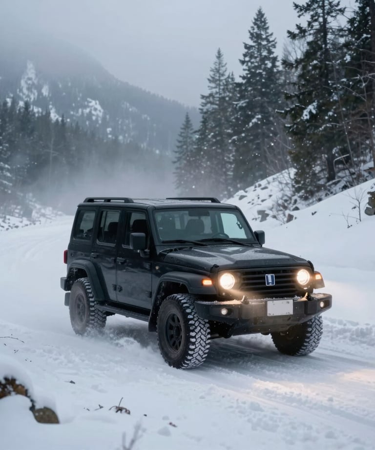 Cinematic photography of a black 4WD vehicle driving through a snow-covered mountain pass in North America. The vehicle's lights pierce through the mist.