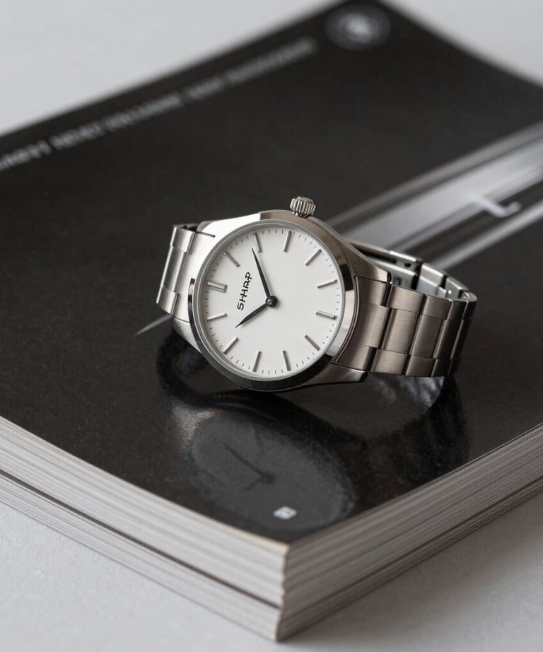 Sharp photography of a minimalist silver wristwatch resting on a stack of premium black business magazines.