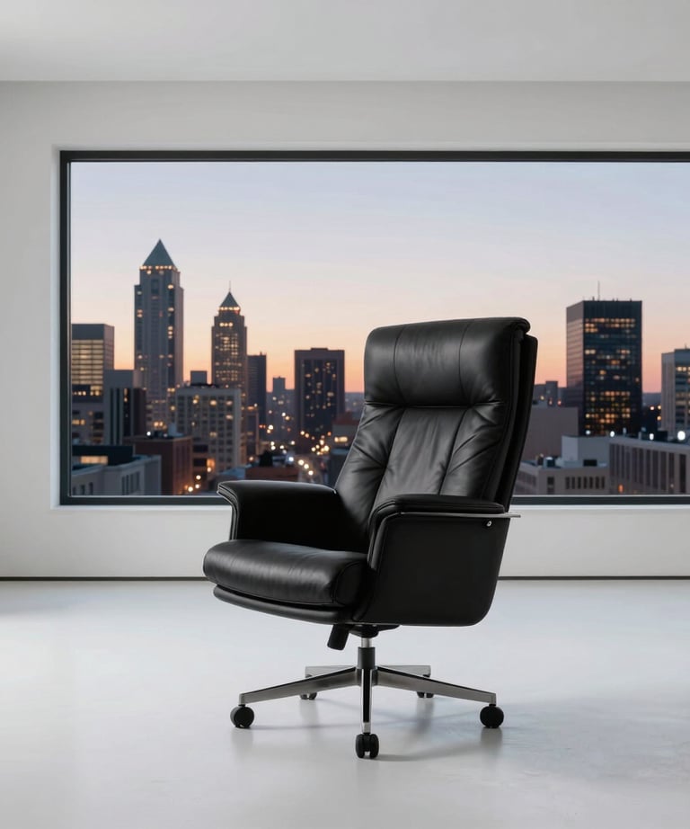 A minimalist white room with a single high-end black leather chair and a large window overlooking a North American city at dusk.