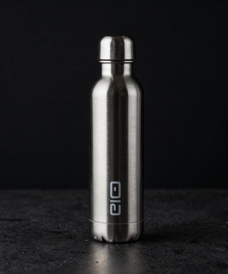 A minimalist, low-key lighting shot of a high-end metal water bottle with futuristic branding, standing on a dark, reflective surface.