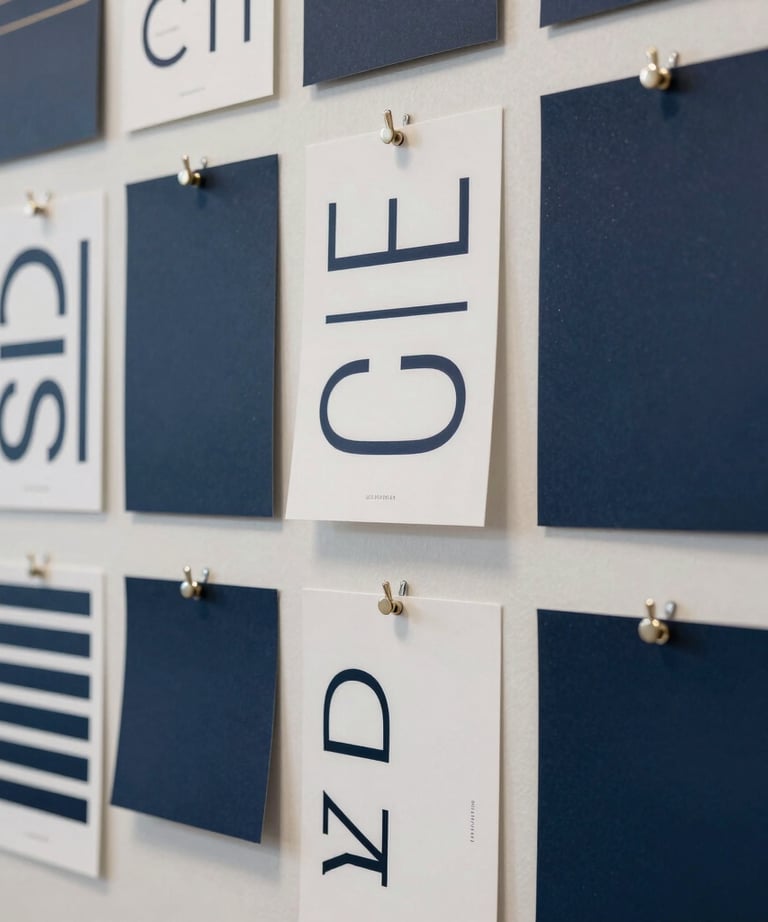 Studio photography of a designer's mood board in a North American office, pinned with minimalist typography samples and deep navy swatches.