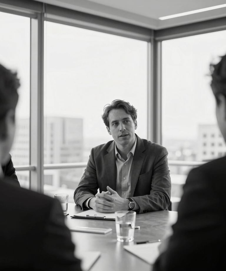Candid black and white photography of a professional meeting in a North American penthouse, glass windows in background, focus on a person speaking.