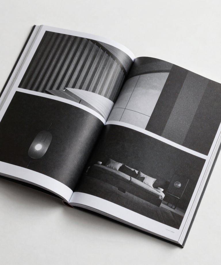 Clean, flat-lay photography of a high-end architectural magazine open to a page with bold black and white layouts.