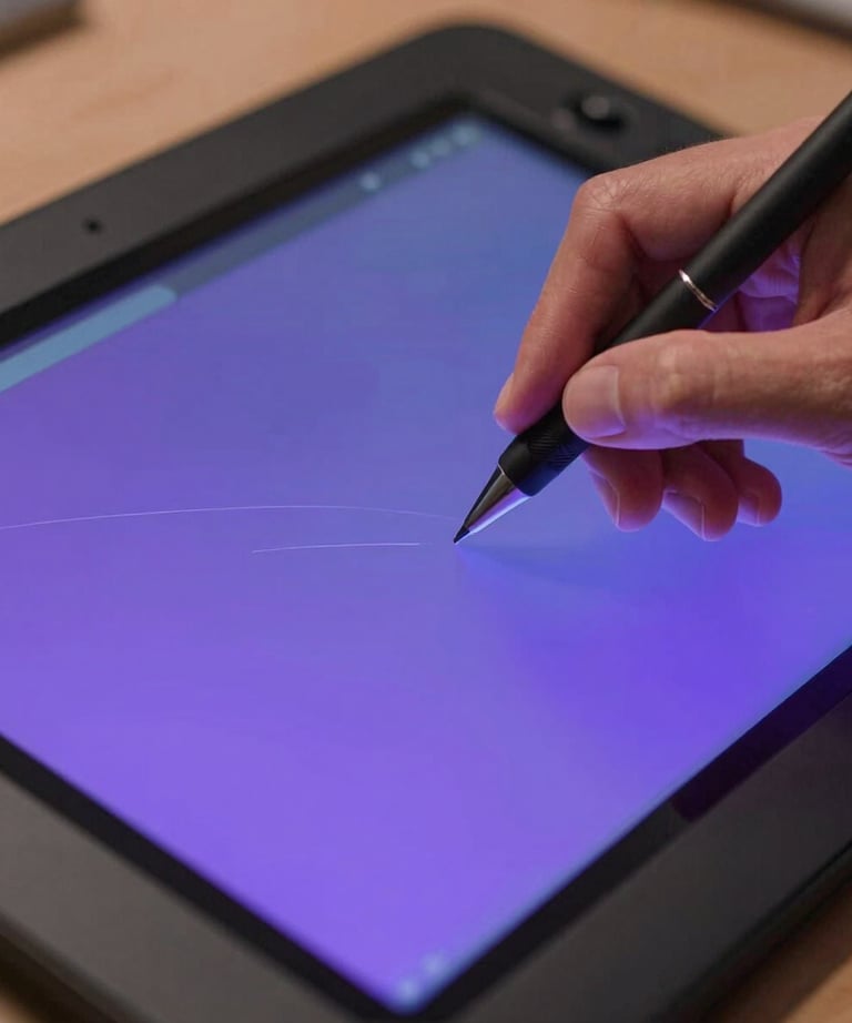 Close-up of a digital artist's hands working on a sleek graphic tablet with vivid purple and blue interface elements.